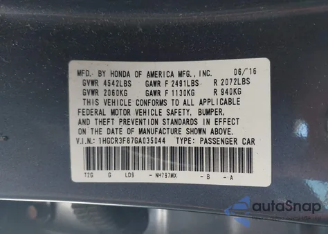 2016 Honda Accord Ex-L V-6 из США, поврежденный, VIN 1HGCR3F87GA035044